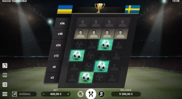 Tilted betting grid with soccer icons and glowing balls, showing multipliers like x96 and x12 in a stadium backdrop with flags and a trophy above.