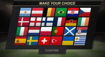 Grid of national flags to choose from with the title 'MAKE YOUR CHOICE' and a 'CONFIRM' button below (game menu).
