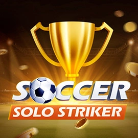 Cover image for a game: a large gold trophy with the title 'SOCCER SOLO STRIKER' and a soccer ball against a stadium background