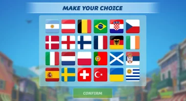 Grid of square flag icons on a blue panel for choosing a country (selection screen).