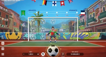 Penalty shoot-out game on a colorful urban street, goalkeeper in front of a net with flags above and a surrounding mural backdrop.