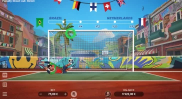 Penalty shoot-out scene in a colorful street stadium with a goalkeeper diving as the ball sails toward the net, Brazilian flag visible and multiple international flags above the goal.