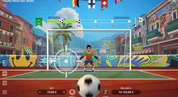 Penalty shoot-out game scene: goalie in green-red kit guards a goal on a graffiti-filled street, betting UI at bottom showing Bet and Balance.