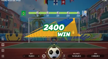 Penalty shoot-out game screen: bright street soccer UI with flags, a green round-robin progress bar of soccer balls, and a large 2400 WIN banner over the goal; bottom betting and balance info visible.