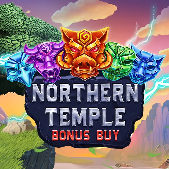 Game logo for Northern Temple Bonus Buy featuring five colorful animal masks (orange center, purple, blue, green, and blue) above a stone sign.