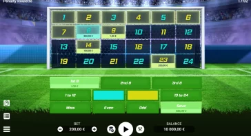 Penalty Roulette: a stadium-style betting grid with numbered panels 1–24, some showing bets and amounts highlighted in green or blue.
