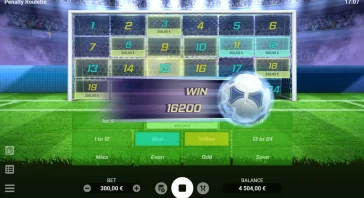 Soccer penalty roulette game interface: goal with numbered panels, ball in motion toward the net, WIN 16200 banner and betting controls visible.