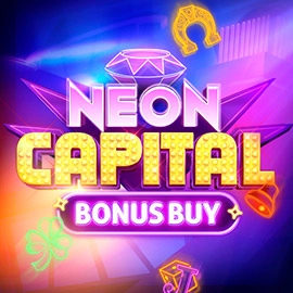 Promotional neon casino game graphic reading 'NEON CAPITAL' and 'BONUS BUY' with colorful gems and symbols.