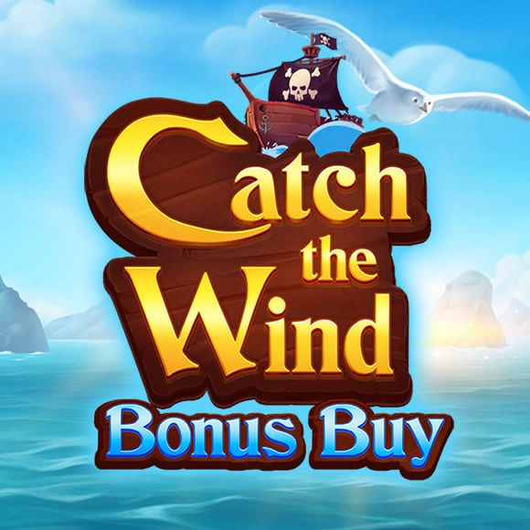 Logo for the game Catch the Wind with a pirate ship, seagull, and the text 'Bonus Buy' on a wooden sign over a blue sea background.