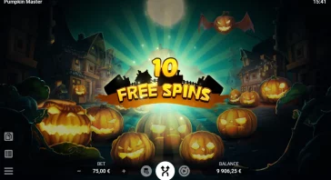 Halloween-themed game splash: '10 Free Spins' banner over a haunted village with glowing pumpkins.