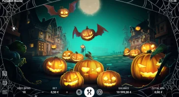 Halloween-themed slot game screen with glowing pumpkins, bats, spider webs, and a moonlit village backdrop