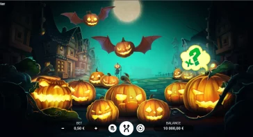 Dark Halloween game scene with carved glowing pumpkins on a cobblestone street under a full moon and bats flying above.