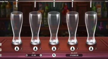Bar-style game screen with five empty beer glasses under taps, awaiting bets, in a casino/betting UI with balance €10,000 at bottom right and €1 bet at left.