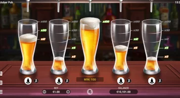 Five beer glasses under taps in a bar game UI, each with a multiplier label above (x30, x12, x5, x100, etc.).