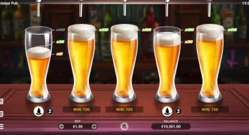 Five beer-glass reels on a pub-themed slot game, each glass filled with beer and a foamy head.