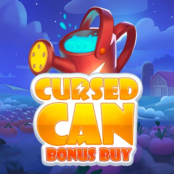 Promo graphic for a game: a red watering can with glowing blue liquid against a nighttime field with bold orange-yellow title text 'CURSED CAN' and 'BONUS BUY' below.