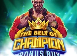 Logo for 'The Belt of Champion' Bonus Buy, featuring a muscular figure and bold gold lettering with a crown motif, on a teal glow background.