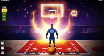 Basketball video game scene: player with jersey 88 stands on glowing court as fire effects surround hoop; left HUD shows multipliers, right shows x20 fire orb, bottom betting and balance info.