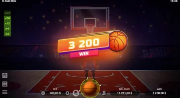 In-game basketball win screen: neon orange 3 200 banner with a basketball in front of a hoop, plus win label and balance/bet HUD along the bottom left and right.