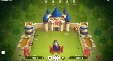 Castle fortress with blue-tiled towers and a cannon aiming at the foreground; game UI shows bet and balance at the bottom.