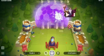 Screenshot from a fantasy arcade game showing a purple glowing elephant boss at a castle arena with a wizard on the right and cannon at the bottom center, user interface visible (bet and balance).
