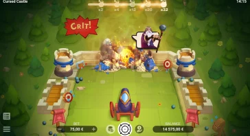 Siege battle scene in a fantasy mobile game: explosion at center, wizard with staff on the right, cannons on both sides, green forest backdrop.