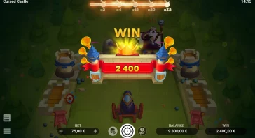 Win screen from a fantasy castle slot game showing a glowing crown, the word 'WIN', and a 2,400€ payout banner.