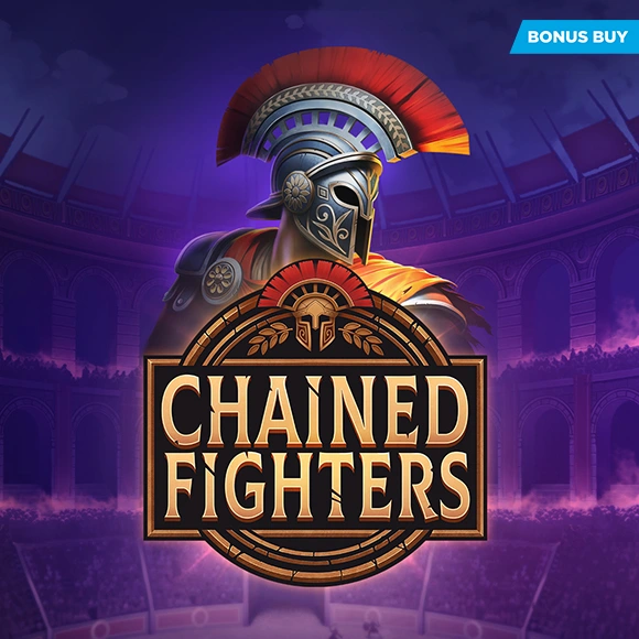 Logo for the game 'Chained Fighters' showing a helmeted warrior with red plume, arena backdrop, and a blue 'Bonus Buy' badge in the corner.