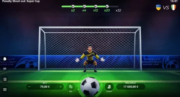 Penalty shoot-out scene in a soccer game: goalkeeper guarding the goal with a glowing ball in the foreground, betting controls and balance at the bottom, and a multicolor progress bar above.