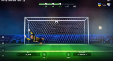 Penalty shoot-out scene: goalkeeper in yellow dives to the left as a ball nears the net, with betting controls and balance at the bottom of the screen.