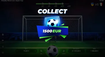 In-game screen: blue 'COLLECT' banner and 1500 EUR prize overlapping a soccer goal.