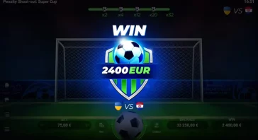 Win screen with a glowing soccer crest over a goal, and 2400 EUR prize text in bold