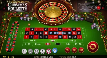 Online Christmas-themed roulette table with a large central roulette wheel, festive decorations, and betting layout on green felt.