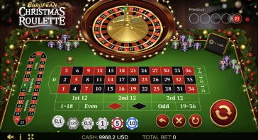 European roulette table with a large central spinning wheel, chips stacked nearby, and a green betting layout showing numbers and 1st/2nd/3rd 12 sections