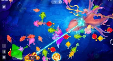 Screenshot of a colorful underwater arcade game titled 'Big Catch Game' with numerous neon fish and glowing effects across blue coral background.