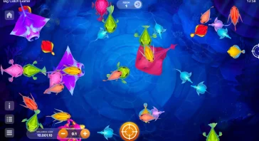 Underwater arcade game screen with colorful fish; text says 'Big Catch Game' in the top-left, UI controls and balance at the bottom.