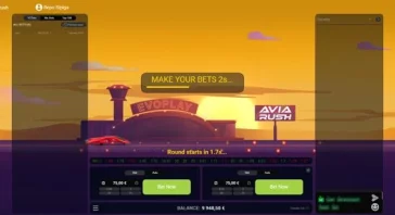 Screenshot of an online betting game interface on a sunset background, showing a 'MAKE YOUR BETS' banner, two 'Bet Now' buttons, balance at the bottom, and branding like AviaRush and EvoPlay.