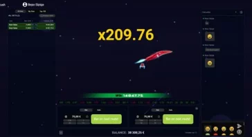 Screen capture of an online betting dashboard showing a large multiplier x209.76, a red rocket graphic mid-flight, and a green win/balance bar at the bottom with a chat panel on the right.