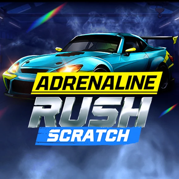 Game cover featuring a bright blue sports car bursting through smoke, with bold yellow 'ADRENALINE' and metallic 'RUSH' text above a blue 'SCRATCH' banner.