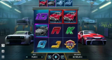 Slot game screen with a 3x3 reel showing red sports cars and A, K, Q, J symbols; Wild badge in bottom-right; neon garage background with other cars; Bet €75, Balance €82,985.45; title Adrenaline Rush: Scratch at top.