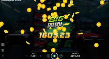 Online slot game result: big WIN with the amount 1603.23 and coins raining down, balance 82,910.45 €, bet 75.00 €.