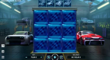 Slot game overlay in a racing game: a 3x3 blue grid of reels, with race cars in a garage background and bottom UI showing bet (€75) and balance (€83,105).
