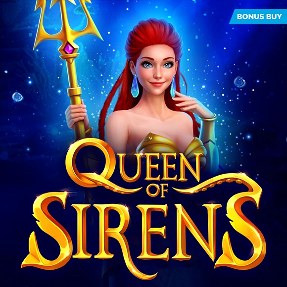 Game cover for 'Queen of Sirens' featuring a red-haired woman in gold attire wielding a trident against a blue underwater background with a Bonus Buy badge in the corner.