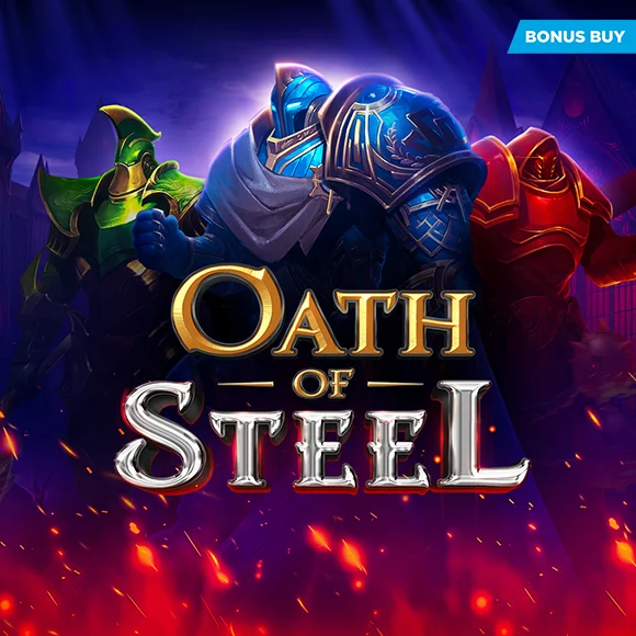 Video game cover with three armored knights in blue, green, and red; title 'Oath of Steel' in gold and silver lettering; top-right 'BONUS BUY' banner; fiery embers at the bottom