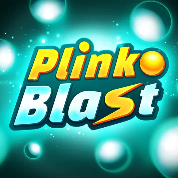 Logo for the game 'Plinko Blast' featuring bold yellow-orange 'Plinko' and blue 'Blast' text on a teal, glowing background.