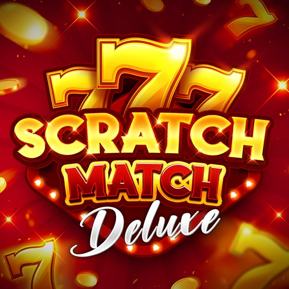 Bright casino-style promotional graphic for a Scratch Match Deluxe game, featuring large gold '777' and bold 'SCRATCH MATCH' text with a white cursive 'Deluxe' on a red background.
