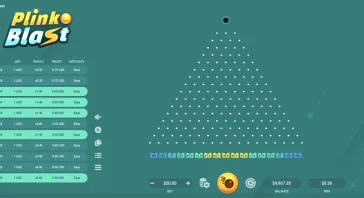 Screenshot of an online Plinko game: teal background, triangular pegboard, ball dropping from top, left shows bet/profit lists, right shows line numbers and difficulty, bottom shows balance and bet controls.