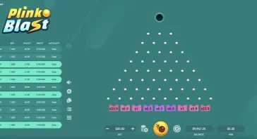 Plinko Blast game screen with a pegboard in the center, left bet history list, right line numbers, and bottom controls showing balance and bet.