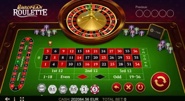 Online casino roulette table with a large spinning wheel at the center, green felt betting area, and stacked chips around the wheel; cash balance and total bet shown at the bottom edge.