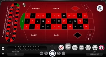 European roulette table: red/black numbered betting grid with a green zero on the left and side betting areas MANQUE/IMPAIR/PASSE/PAIR.
